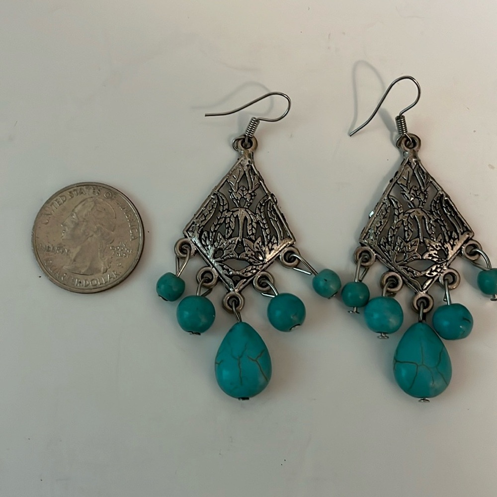 Earrings dangling long turquoise stone triangular shape silver tone metal design - Picture 6 of 9